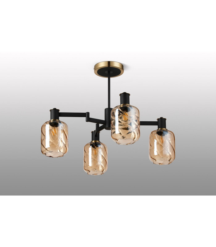 Worcester Swing Arm Semi Ceiling 4 Light E14 Brass/Satin Black/Amber Twisted Cylinder Glass-9