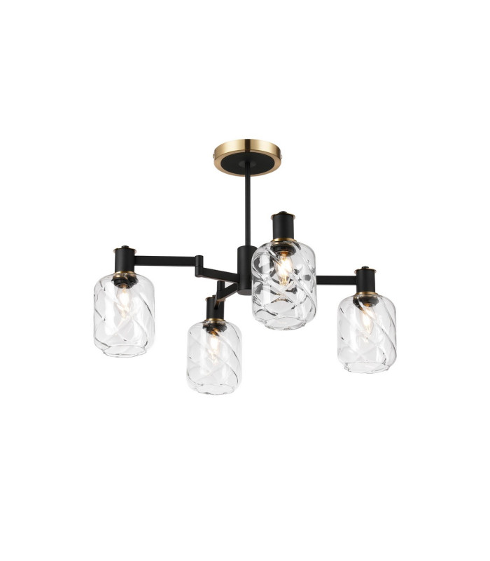Worcester Swing Arm Semi Ceiling 4 Light E14 Brass/Satin Black/Clear Twisted Cylinder Glass-1