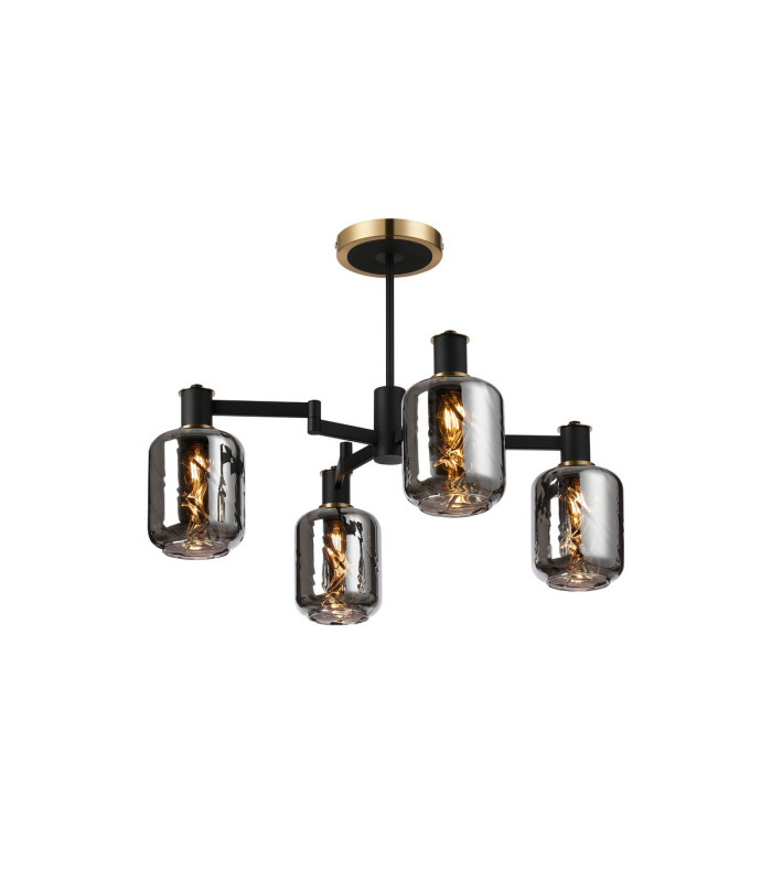 Worcester Swing Arm Semi Ceiling 4 Light E14 Brass/Satin Black/Smoke Twisted Cylinder Glass-1