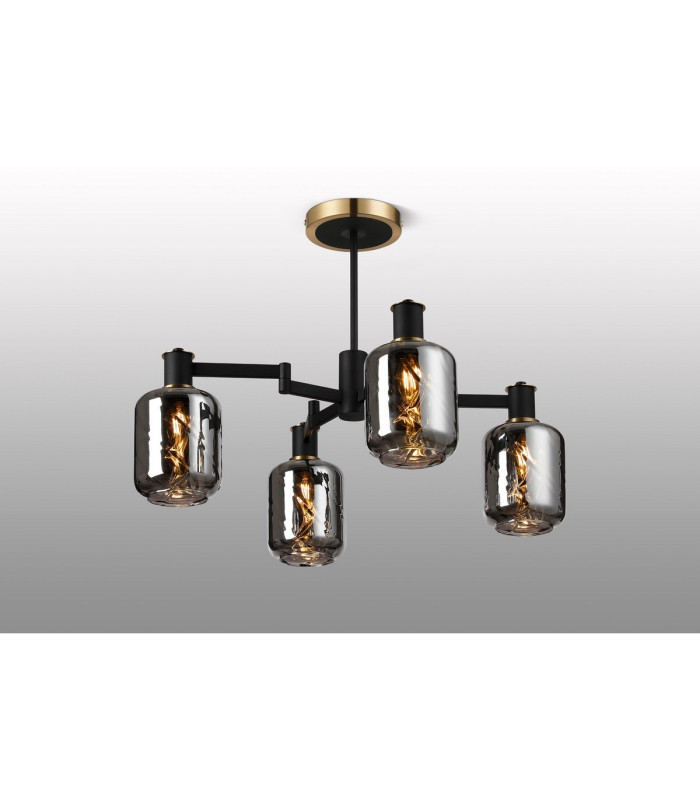 Worcester Swing Arm Semi Ceiling 4 Light E14 Brass/Satin Black/Smoke Twisted Cylinder Glass-3