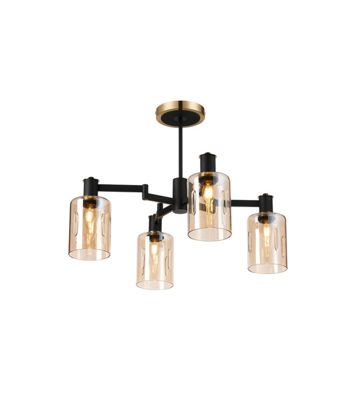 Worcester Swing Arm Semi Ceiling 4 Light E14 Brass/Satin Black/Amber Uniform Dimple Cylinder Glass-1