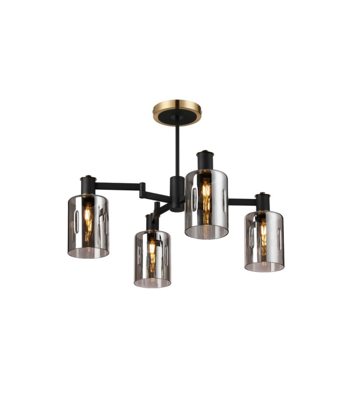 Worcester Swing Arm Semi Ceiling 4 Light E14 Brass/Satin Black/Smoke Uniform Dimple Cylinder Glass-1