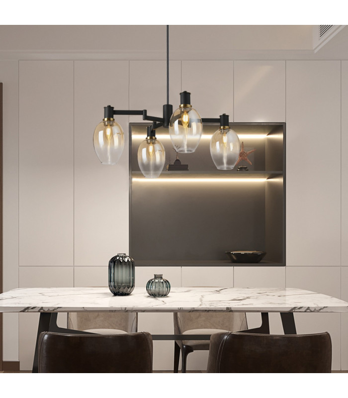 Worcester Swing Arm Semi Ceiling 4 Light E14 Brass/Satin Black/Amber Fade Wine Glass Glass-4