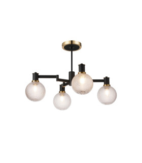 Worcester 55cm Swing Arm Semi Ceiling 4 Light E14 Brass/Satin Black/Clear Round Textured Diamond Pattern Glass-1