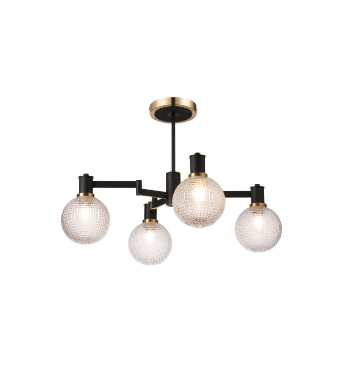 Worcester 55cm Swing Arm Semi Ceiling 4 Light E14 Brass/Satin Black/Clear Round Textured Diamond Pattern Glass-1