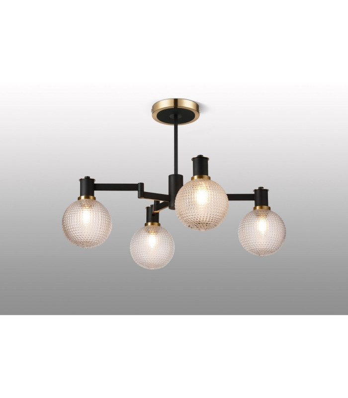 Worcester 55cm Swing Arm Semi Ceiling 4 Light E14 Brass/Satin Black/Clear Round Textured Diamond Pattern Glass-3