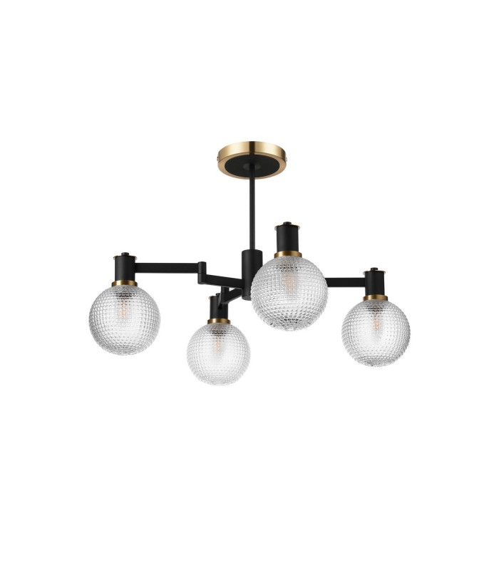 Worcester 55cm Swing Arm Semi Ceiling 4 Light E14 Brass/Satin Black/Clear Round Textured Diamond Pattern Glass-4