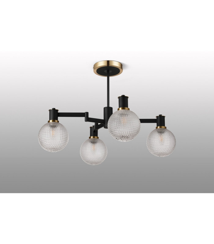 Worcester 55cm Swing Arm Semi Ceiling 4 Light E14 Brass/Satin Black/Clear Round Textured Diamond Pattern Glass-9