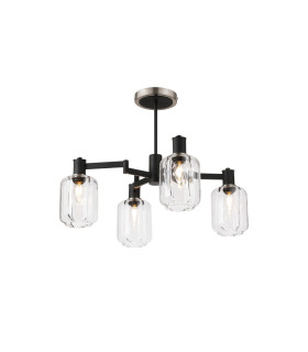 Worcester Swing Arm Semi Ceiling 4 Light E14 Satin Nickel/Satin Black/Clear Striped Cylinder Glass-1