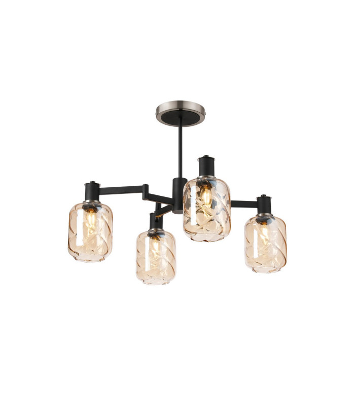 Worcester Swing Arm Semi Ceiling 4 Light E14 Satin Nickel/Satin Black/Amber Twisted Cylinder Glass-1