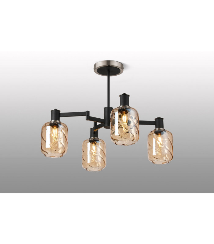 Worcester Swing Arm Semi Ceiling 4 Light E14 Satin Nickel/Satin Black/Amber Twisted Cylinder Glass-3