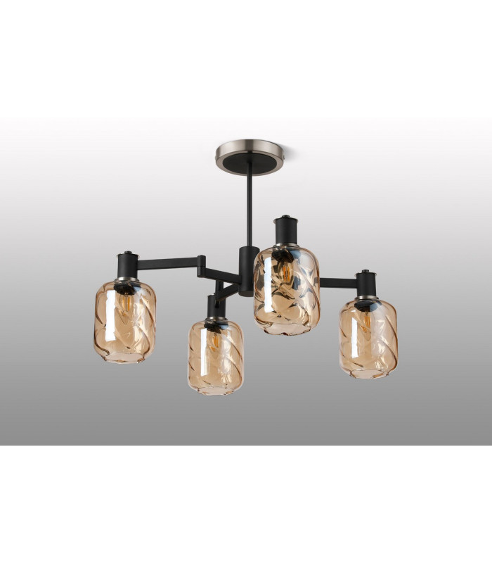 Worcester Swing Arm Semi Ceiling 4 Light E14 Satin Nickel/Satin Black/Amber Twisted Cylinder Glass-9