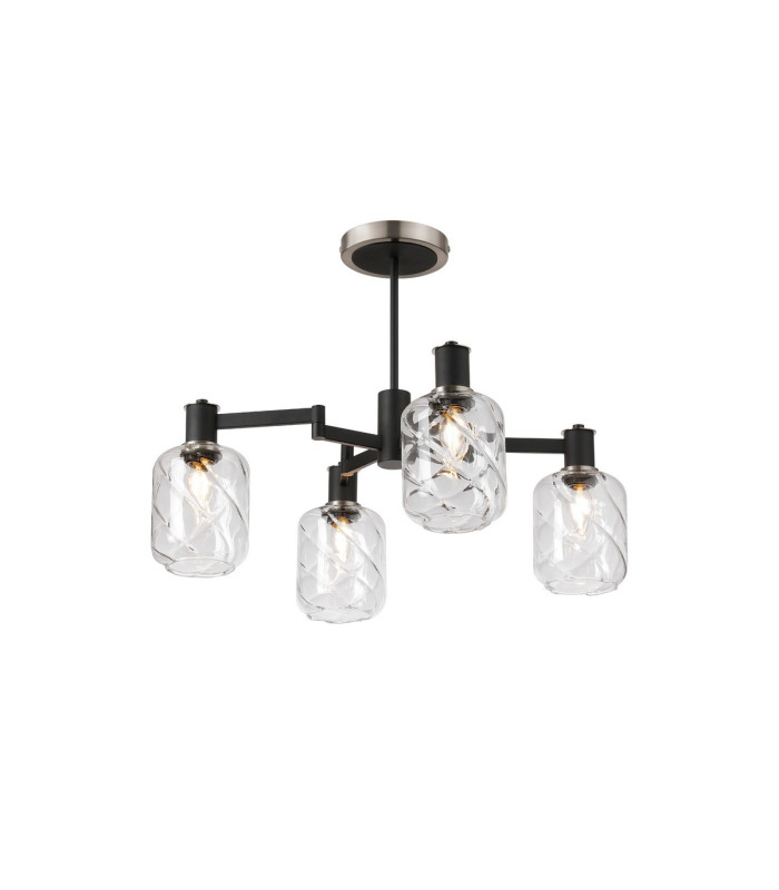 Worcester Swing Arm Semi Ceiling 4 Light E14 Satin Nickel/Satin Black/Clear Twisted Cylinder Glass-1