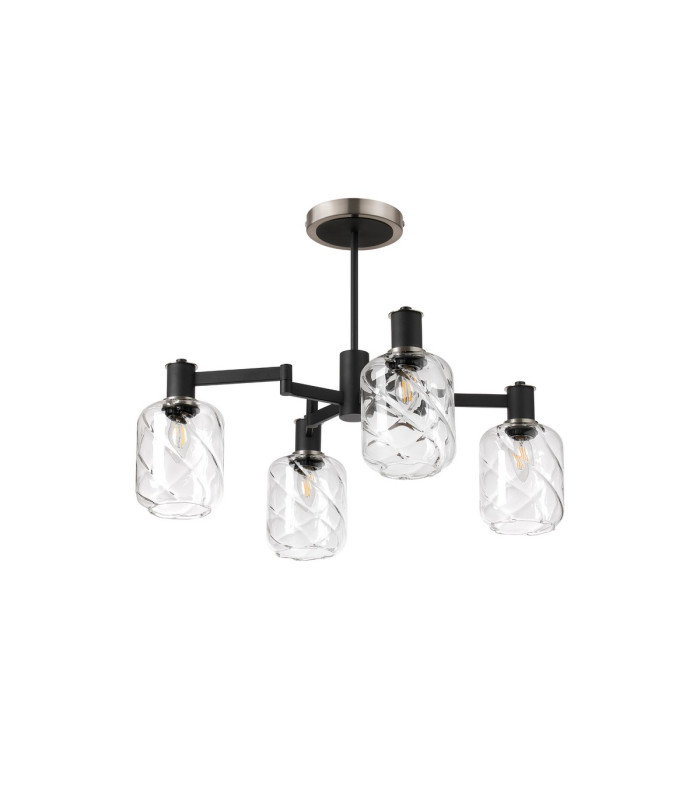 Worcester Swing Arm Semi Ceiling 4 Light E14 Satin Nickel/Satin Black/Clear Twisted Cylinder Glass-4