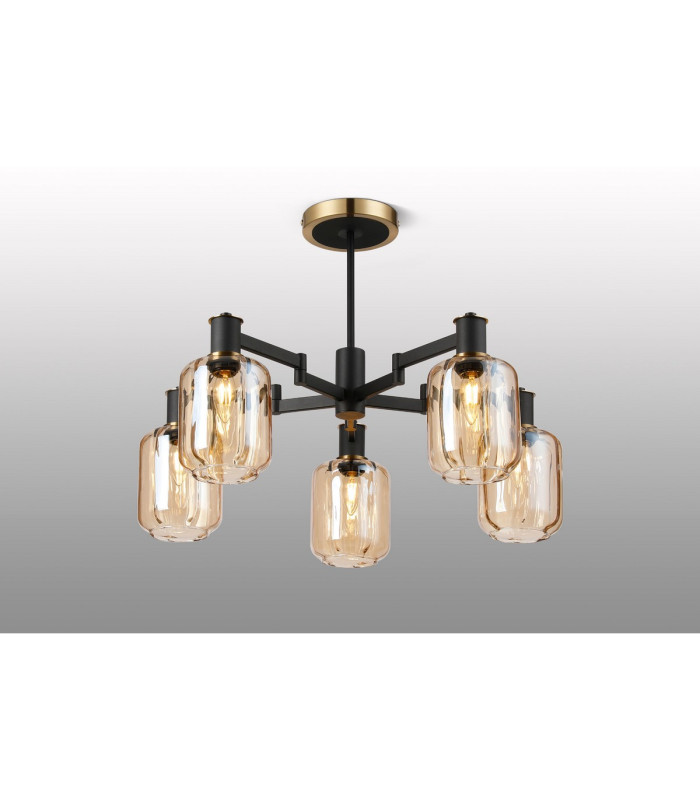Worcester 69cm Swing Arm Semi Ceiling 5 Light E14 Brass/Satin Black/Amber Striped Cylinder Glass-3