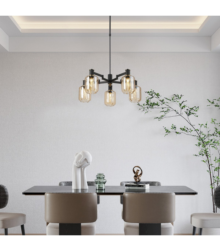 Worcester 69cm Swing Arm Semi Ceiling 5 Light E14 Brass/Satin Black/Amber Striped Cylinder Glass-4