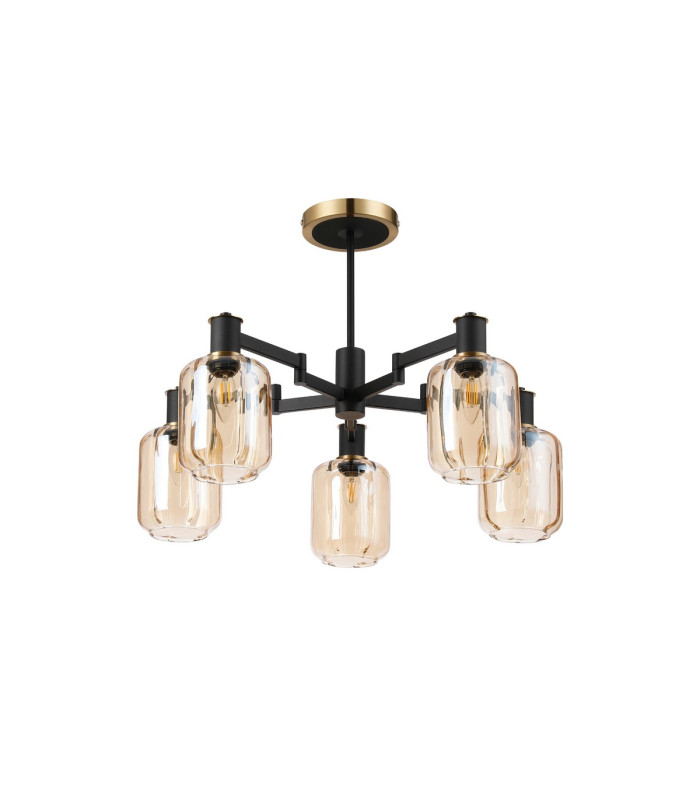 Worcester 69cm Swing Arm Semi Ceiling 5 Light E14 Brass/Satin Black/Amber Striped Cylinder Glass-6