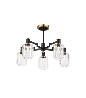 Worcester 69cm Swing Arm Semi Ceiling 5 Light E14 Brass/Satin Black/Clear Striped Cylinder Glass-1