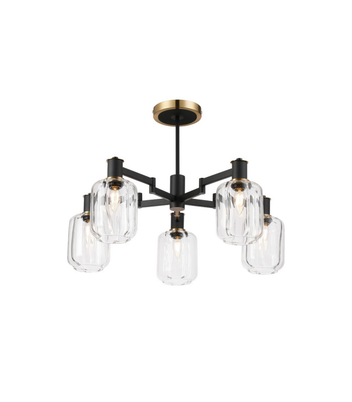 Worcester 69cm Swing Arm Semi Ceiling 5 Light E14 Brass/Satin Black/Clear Striped Cylinder Glass-1