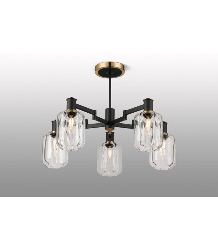 Worcester 69cm Swing Arm Semi Ceiling 5 Light E14 Brass/Satin Black/Clear Striped Cylinder Glass-3