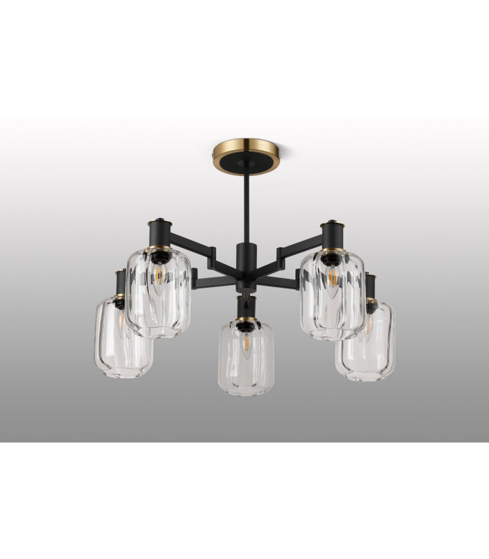 Worcester 69cm Swing Arm Semi Ceiling 5 Light E14 Brass/Satin Black/Clear Striped Cylinder Glass-9