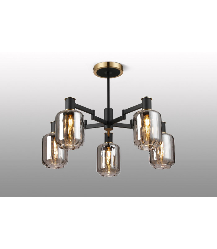 Worcester 69cm Swing Arm Semi Ceiling 5 Light E14 Brass/Satin Black/Smoke Striped Cylinder Glass-3