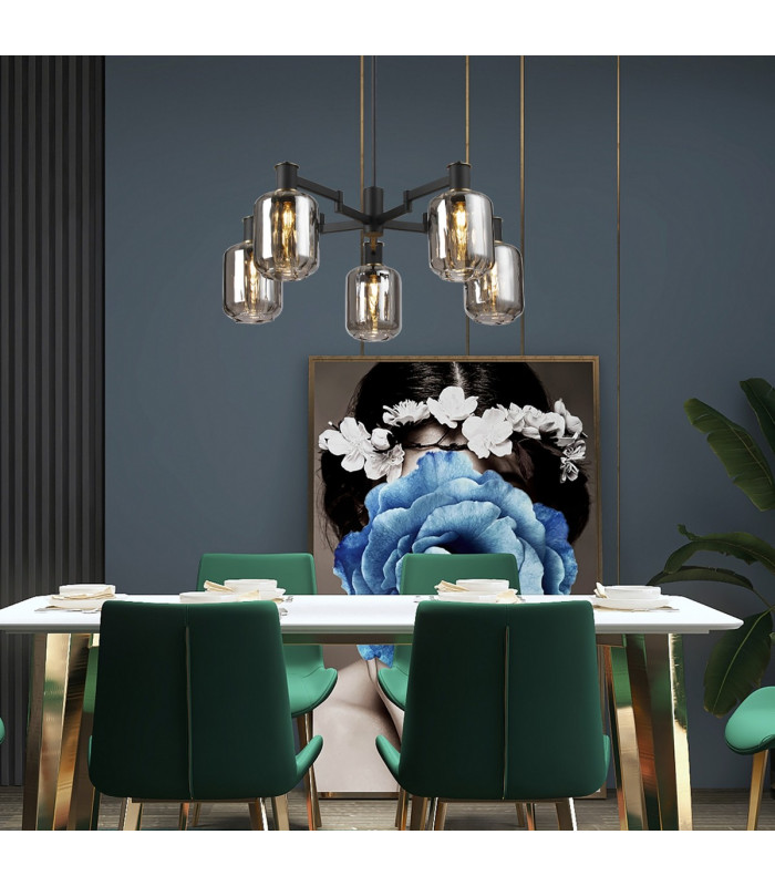 Worcester 69cm Swing Arm Semi Ceiling 5 Light E14 Brass/Satin Black/Smoke Striped Cylinder Glass-4