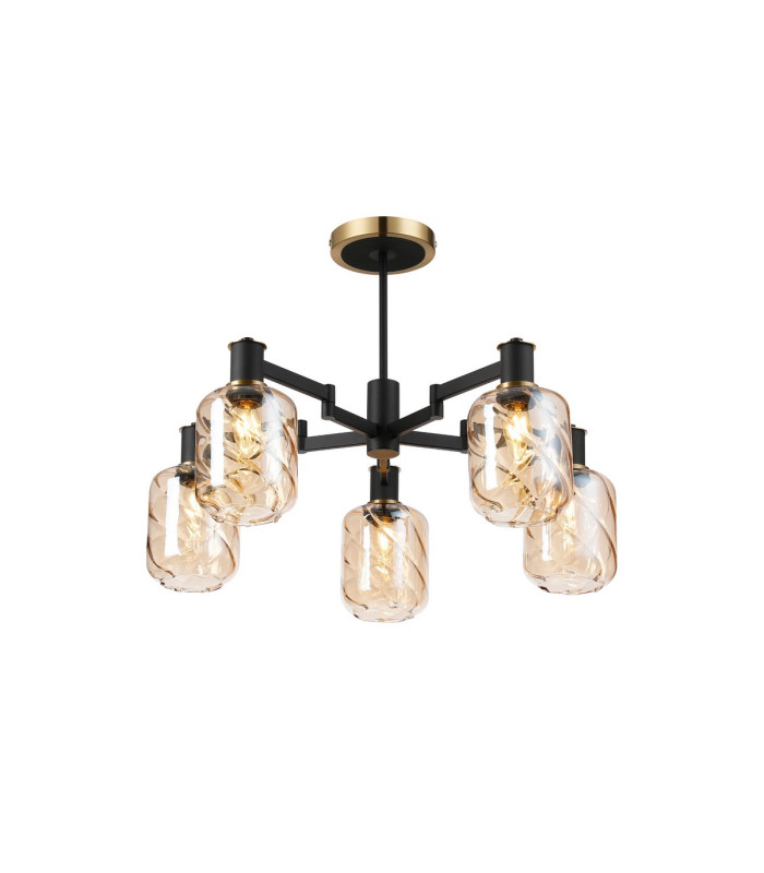 Worcester 69cm Swing Arm Semi Ceiling 5 Light E14 Brass/Satin Black/Amber Twisted Cylinder Glass-1