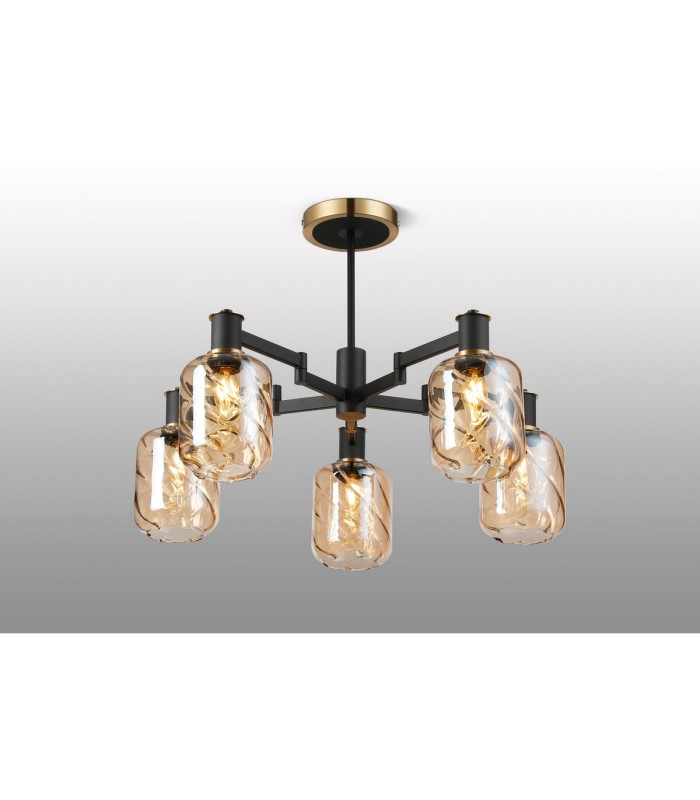 Worcester 69cm Swing Arm Semi Ceiling 5 Light E14 Brass/Satin Black/Amber Twisted Cylinder Glass-3