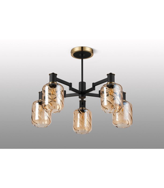 Worcester 69cm Swing Arm Semi Ceiling 5 Light E14 Brass/Satin Black/Amber Twisted Cylinder Glass-9