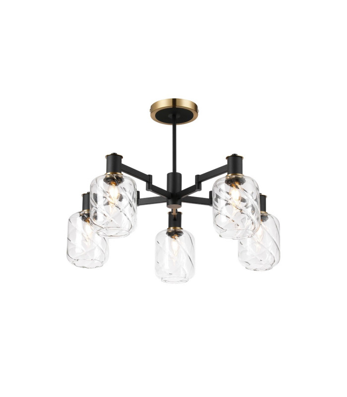 Worcester 69cm Swing Arm Semi Ceiling 5 Light E14 Brass/Satin Black/Clear Twisted Cylinder Glass-1