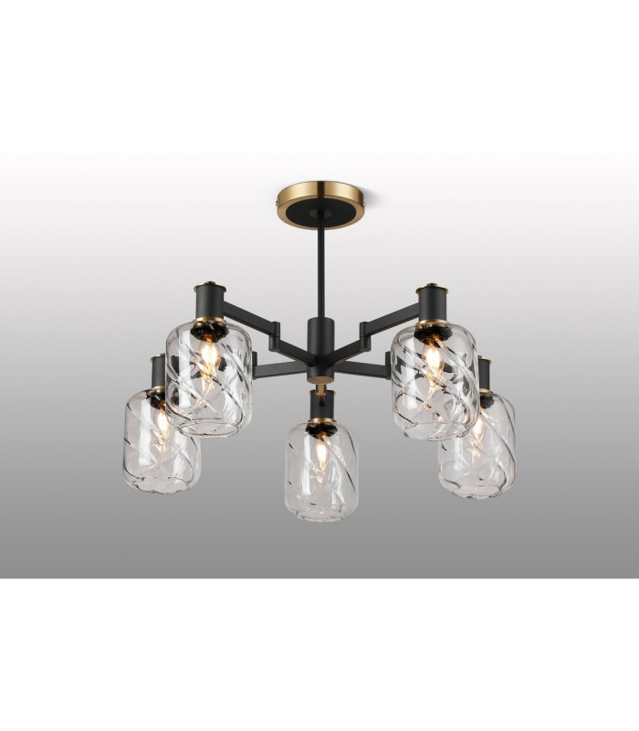 Worcester 69cm Swing Arm Semi Ceiling 5 Light E14 Brass/Satin Black/Clear Twisted Cylinder Glass-3