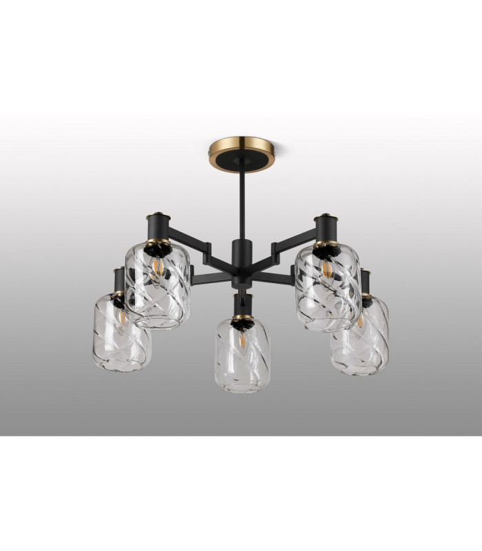 Worcester 69cm Swing Arm Semi Ceiling 5 Light E14 Brass/Satin Black/Clear Twisted Cylinder Glass-9