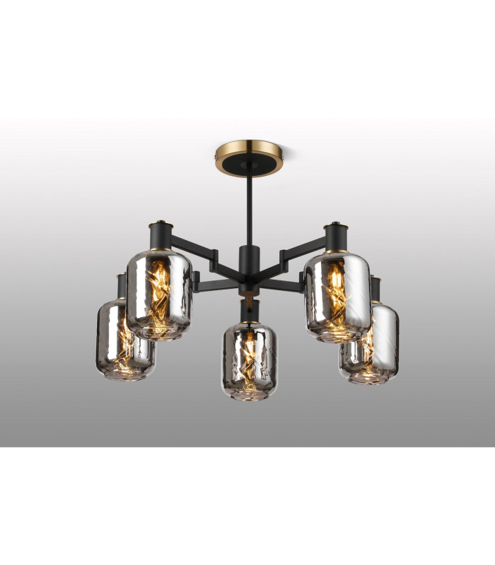 Worcester 69cm Swing Arm Semi Ceiling 5 Light E14 Brass/Satin Black/Smoke Twisted Cylinder Glass-3