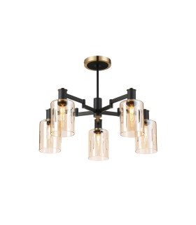 Worcester 68cm Swing Arm Semi Ceiling 5 Light E14 Brass/Satin Black/Amber Uniform Dimple Cylinder Glass-1