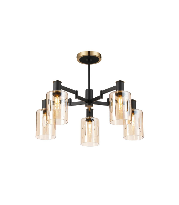 Worcester 68cm Swing Arm Semi Ceiling 5 Light E14 Brass/Satin Black/Amber Uniform Dimple Cylinder Glass-1