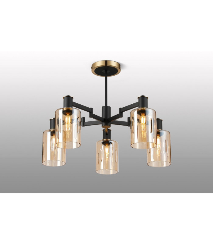 Worcester 68cm Swing Arm Semi Ceiling 5 Light E14 Brass/Satin Black/Amber Uniform Dimple Cylinder Glass-3