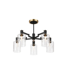 Worcester 68cm Swing Arm Semi Ceiling 5 Light E14 Brass/Satin Black/Clear Uniform Dimple Cylinder Glass-1