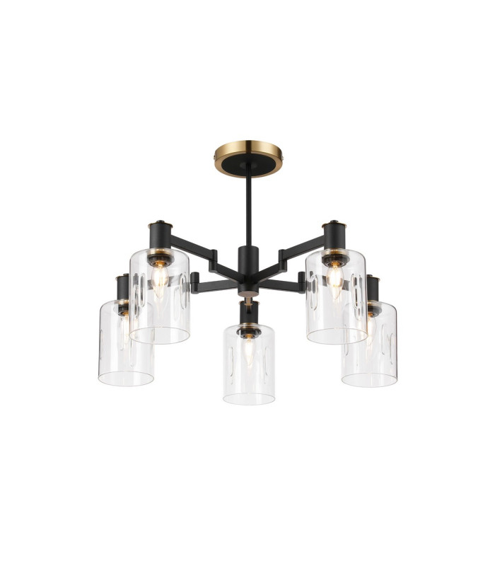 Worcester 68cm Swing Arm Semi Ceiling 5 Light E14 Brass/Satin Black/Clear Uniform Dimple Cylinder Glass-1