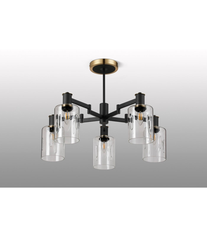 Worcester 68cm Swing Arm Semi Ceiling 5 Light E14 Brass/Satin Black/Clear Uniform Dimple Cylinder Glass-9