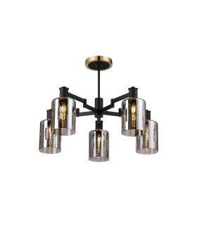 Worcester 68cm Swing Arm Semi Ceiling 5 Light E14 Brass/Satin Black/Smoke Uniform Dimple Cylinder Glass-1
