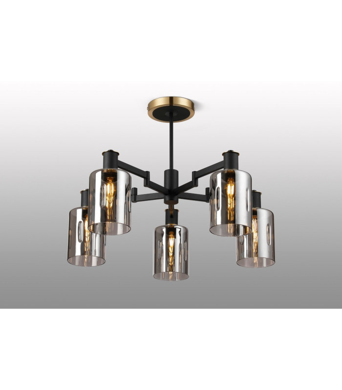 Worcester 68cm Swing Arm Semi Ceiling 5 Light E14 Brass/Satin Black/Smoke Uniform Dimple Cylinder Glass-3
