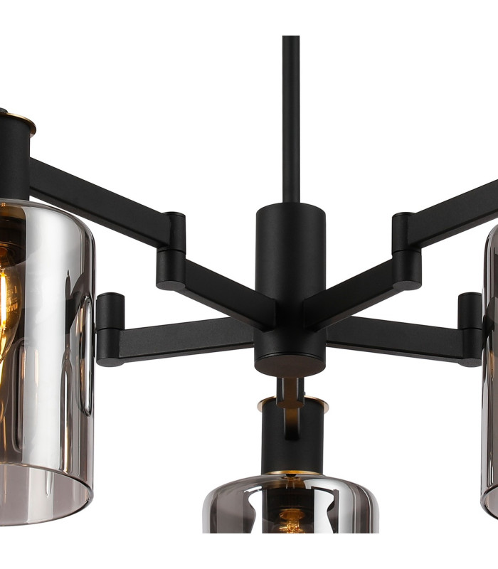 Worcester 68cm Swing Arm Semi Ceiling 5 Light E14 Brass/Satin Black/Smoke Uniform Dimple Cylinder Glass-7