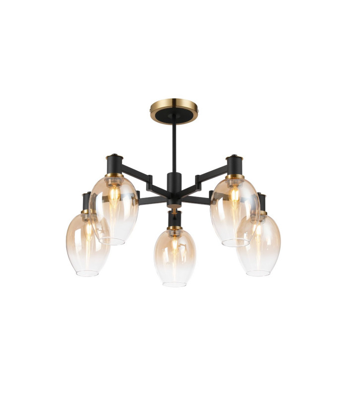 Worcester 70cm Swing Arm Semi Ceiling 5 Light E14 Brass/Satin Black/Amber Fade Wine Glass Glass-1