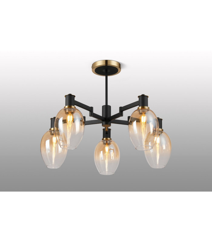 Worcester 70cm Swing Arm Semi Ceiling 5 Light E14 Brass/Satin Black/Amber Fade Wine Glass Glass-3