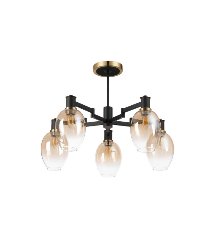 Worcester 70cm Swing Arm Semi Ceiling 5 Light E14 Brass/Satin Black/Amber Fade Wine Glass Glass-5