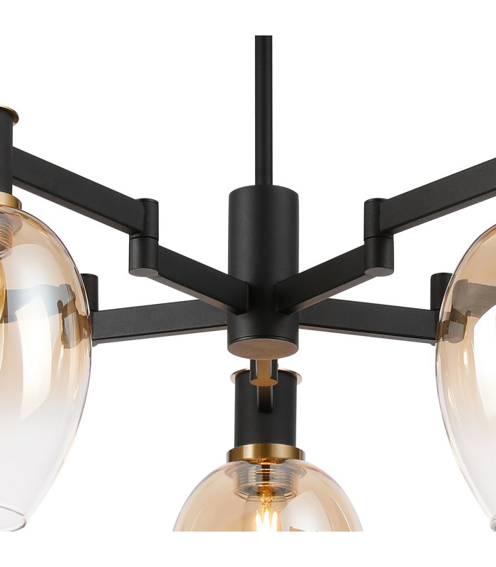 Worcester 70cm Swing Arm Semi Ceiling 5 Light E14 Brass/Satin Black/Amber Fade Wine Glass Glass-7