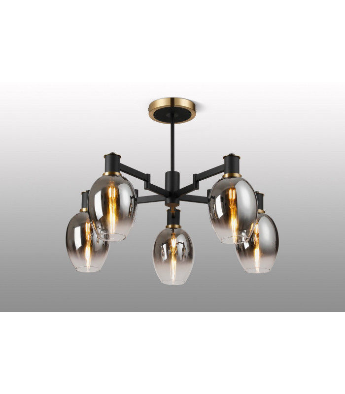 Worcester 70cm Swing Arm Semi Ceiling 5 Light E14 Brass/Satin Black/Smoke Fade Wine Glass Glass-3