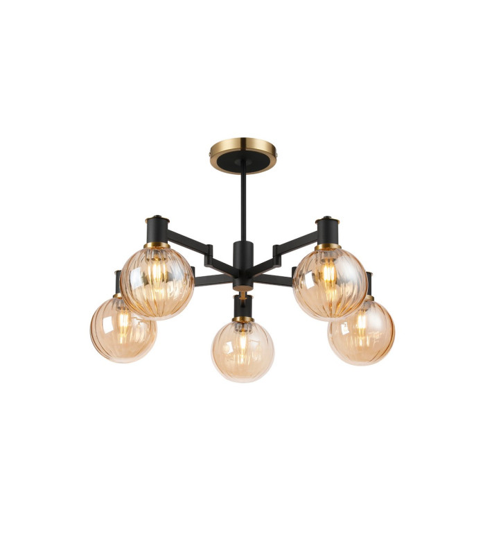 Worcester 71cm Swing Arm Semi Ceiling 5 Light E14 Brass/Satin Black/Amber Plated Round Segment Glass-1