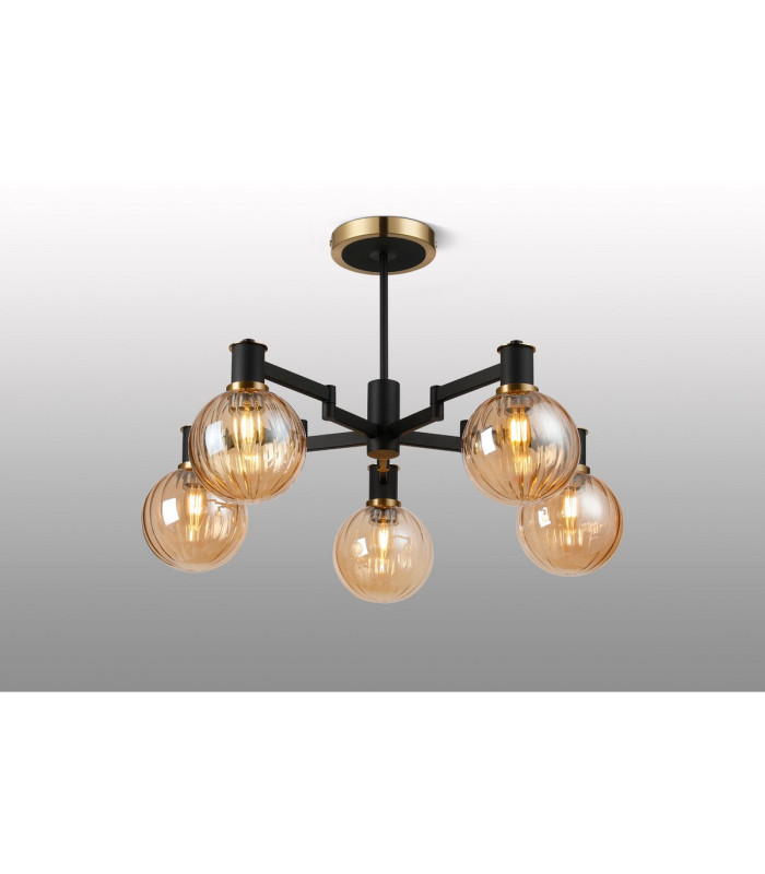 Worcester 71cm Swing Arm Semi Ceiling 5 Light E14 Brass/Satin Black/Amber Plated Round Segment Glass-3